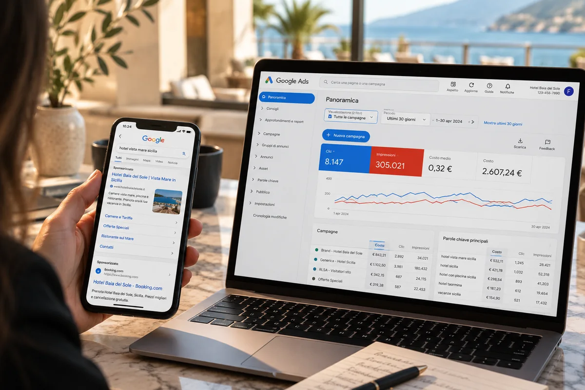 Campagna Google Ads di un hotel su portatile e smartphone